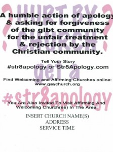 Str8 apology, gay Pride Handout to adapt to your local event